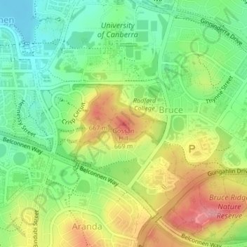 Mappa topografica Gossan Hill, altitudine, rilievo