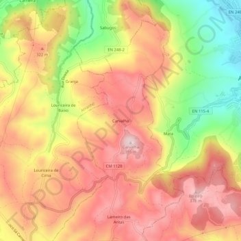 Mappa topografica Carvalha, altitudine, rilievo