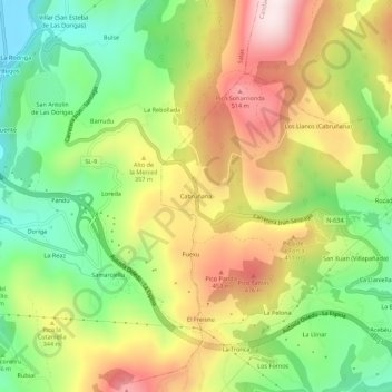 Mappa topografica Cabruñana, altitudine, rilievo