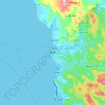 Mappa topografica Allen, altitudine, rilievo