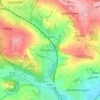 Mappa topografica Unstone Green, altitudine, rilievo