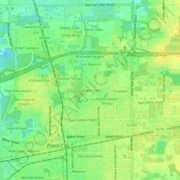 Mappa topografica Gordon Oaks, altitudine, rilievo