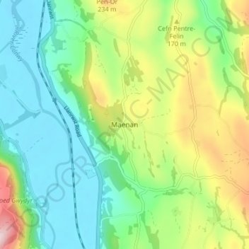 Mappa topografica Maenan, altitudine, rilievo