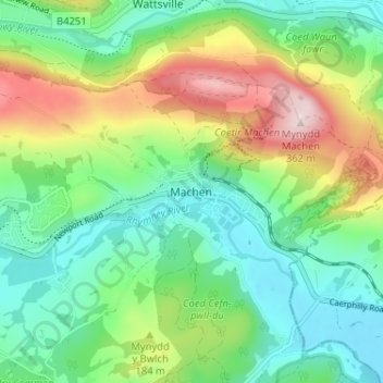 Mappa topografica Machen, altitudine, rilievo