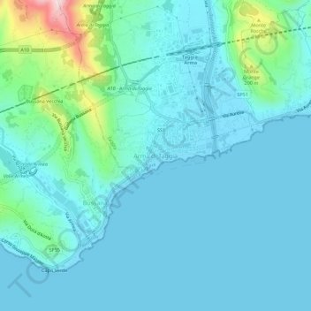 Mappa topografica Arma di Taggia, altitudine, rilievo