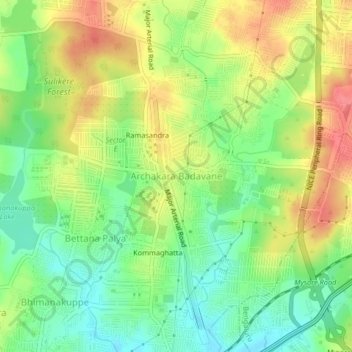 Mappa topografica Archakara Badavane, altitudine, rilievo