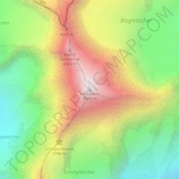 Mappa topografica Weisshorn, altitudine, rilievo