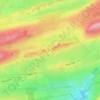 Mappa topografica Sycamore Gap, altitudine, rilievo
