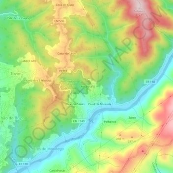 Mappa topografica Misarela, altitudine, rilievo