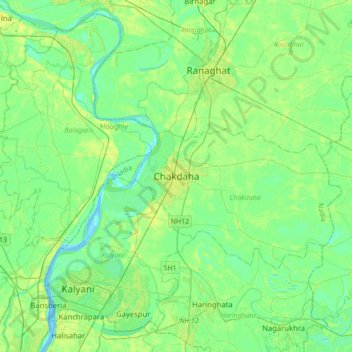 Mappa topografica Chakdaha, altitudine, rilievo