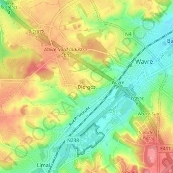 Mappa topografica Bierges, altitudine, rilievo