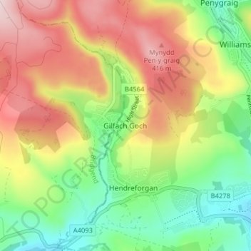 Mappa topografica Gilfach Goch, altitudine, rilievo