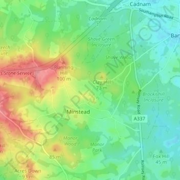 Mappa topografica London Minstead, altitudine, rilievo