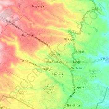 Mappa topografica Kiambu, altitudine, rilievo