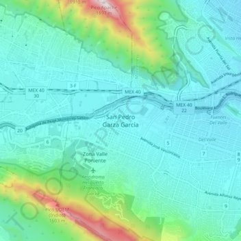 Mappa topografica San Pedro Garza García, altitudine, rilievo