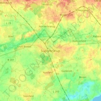 Mappa topografica Süderbrarup, altitudine, rilievo