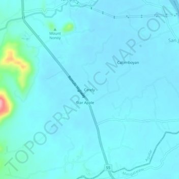 Mappa topografica Cerely, altitudine, rilievo