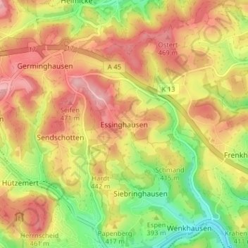 Mappa topografica Essinghausen, altitudine, rilievo