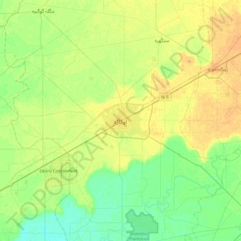 Mappa topografica Okara, altitudine, rilievo