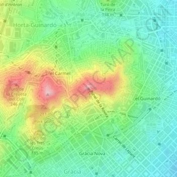 Mappa topografica Turó de la Rovira, altitudine, rilievo