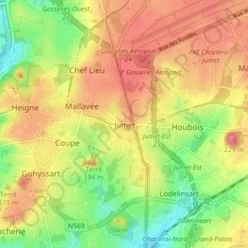 Mappa topografica Jumet, altitudine, rilievo