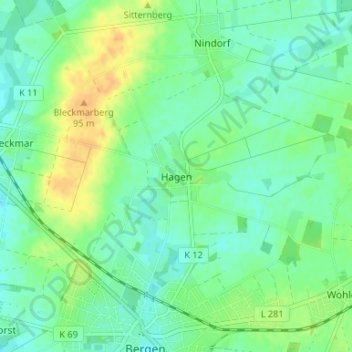 Mappa topografica Hagen, altitudine, rilievo