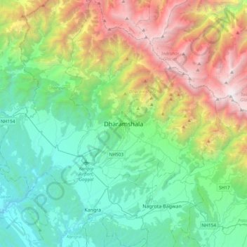 Mappa topografica Dharamshala, altitudine, rilievo
