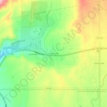 Mappa topografica Piñon Acres, altitudine, rilievo