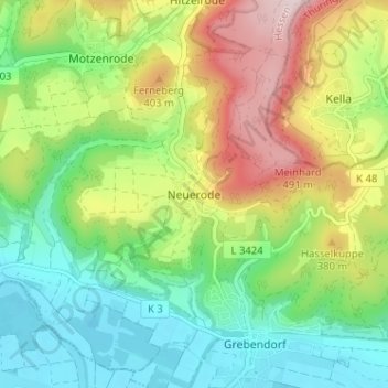 Mappa topografica Neuerode, altitudine, rilievo