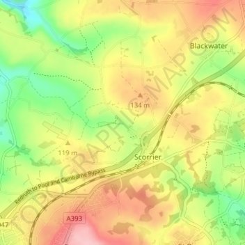 Mappa topografica Wheal Rose, altitudine, rilievo