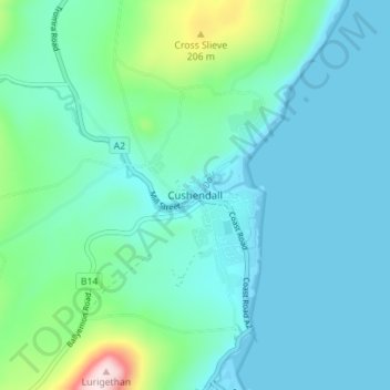 Mappa topografica Cushendall, altitudine, rilievo