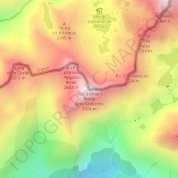 Mappa topografica Pic d'Arriel, altitudine, rilievo
