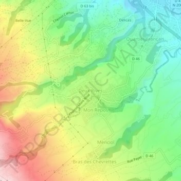 Mappa topografica Deux Rives, altitudine, rilievo