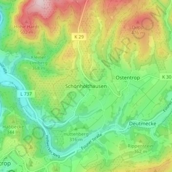 Mappa topografica Schönholthausen, altitudine, rilievo