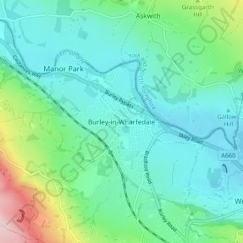 Mappa topografica Burley-in-Wharfedale, altitudine, rilievo