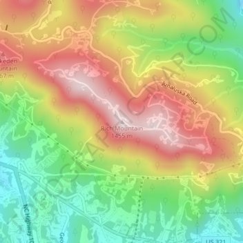 Mappa topografica Rich Mountain, altitudine, rilievo