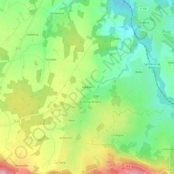 Mappa topografica Rulières, altitudine, rilievo