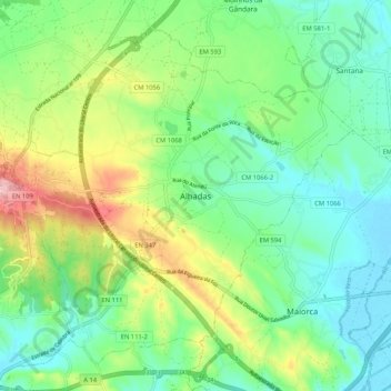 Mappa topografica Alhadas, altitudine, rilievo