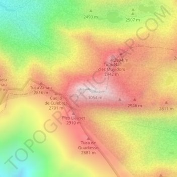 Mappa topografica Tuca de Vallibierna / Roca Bllanca, altitudine, rilievo