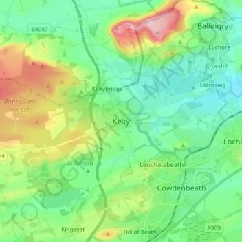 Mappa topografica Kelty, altitudine, rilievo