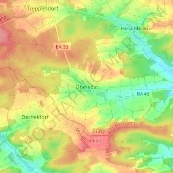 Mappa topografica Oberköst, altitudine, rilievo
