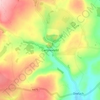 Mappa topografica Cwrtnewydd, altitudine, rilievo