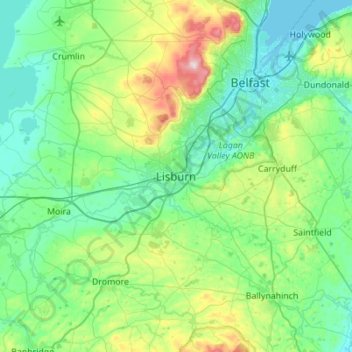 Mappa topografica Lisburn, altitudine, rilievo