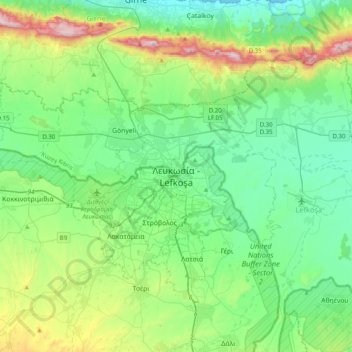 Mappa topografica Nicosia, altitudine, rilievo