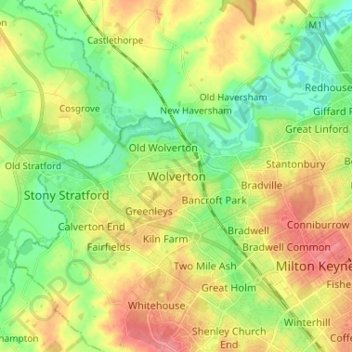 Mappa topografica Wolverton, altitudine, rilievo
