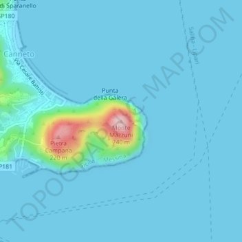 Mappa topografica Monte Mazzuni, altitudine, rilievo