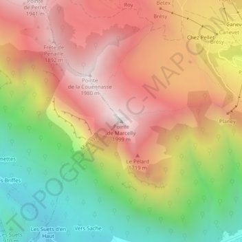 Mappa topografica Pointe de Marcelly, altitudine, rilievo