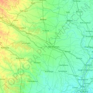 Mappa topografica Barddhamān, altitudine, rilievo