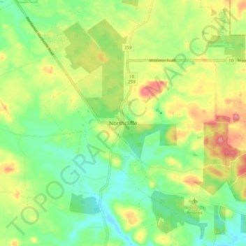 Mappa topografica Northcliffe, altitudine, rilievo