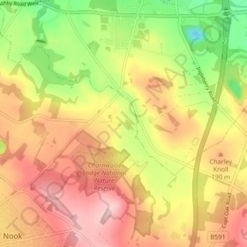 Mappa topografica Oaks in Charnwood, altitudine, rilievo